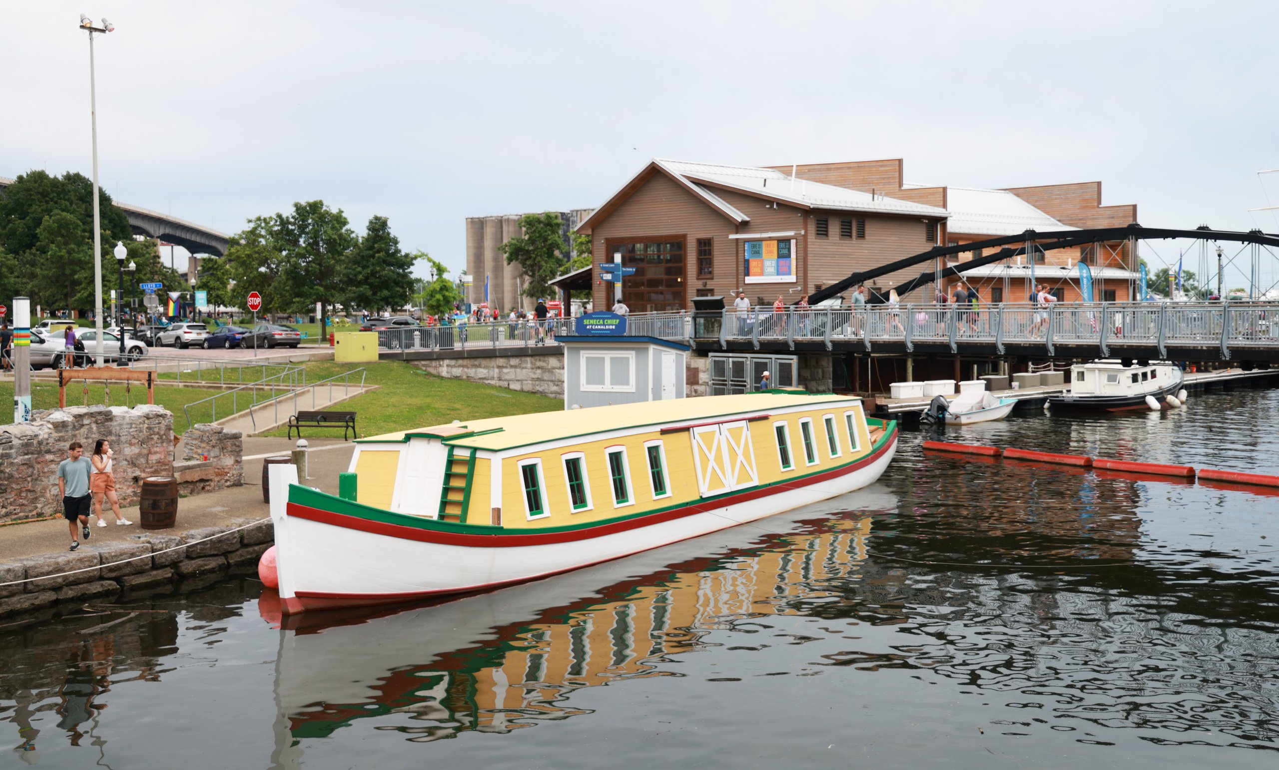 The replica of the 1825 Seneca Chief packet boat built by the Maritime Center is docked in the Erie Canal outside the Longshed where it was built at Canalside in downtown Buffalo, Thursday, Jul 4, 2024.